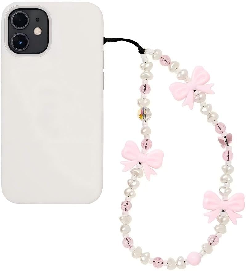 WCCH Beaded Phone Charm Y2K Kawaii Handmade Acrylic Phone Lanyard Wrist Strap for Camera Bag Airpods Keychain Charm Pink Bow and Small Pearls - Image 1